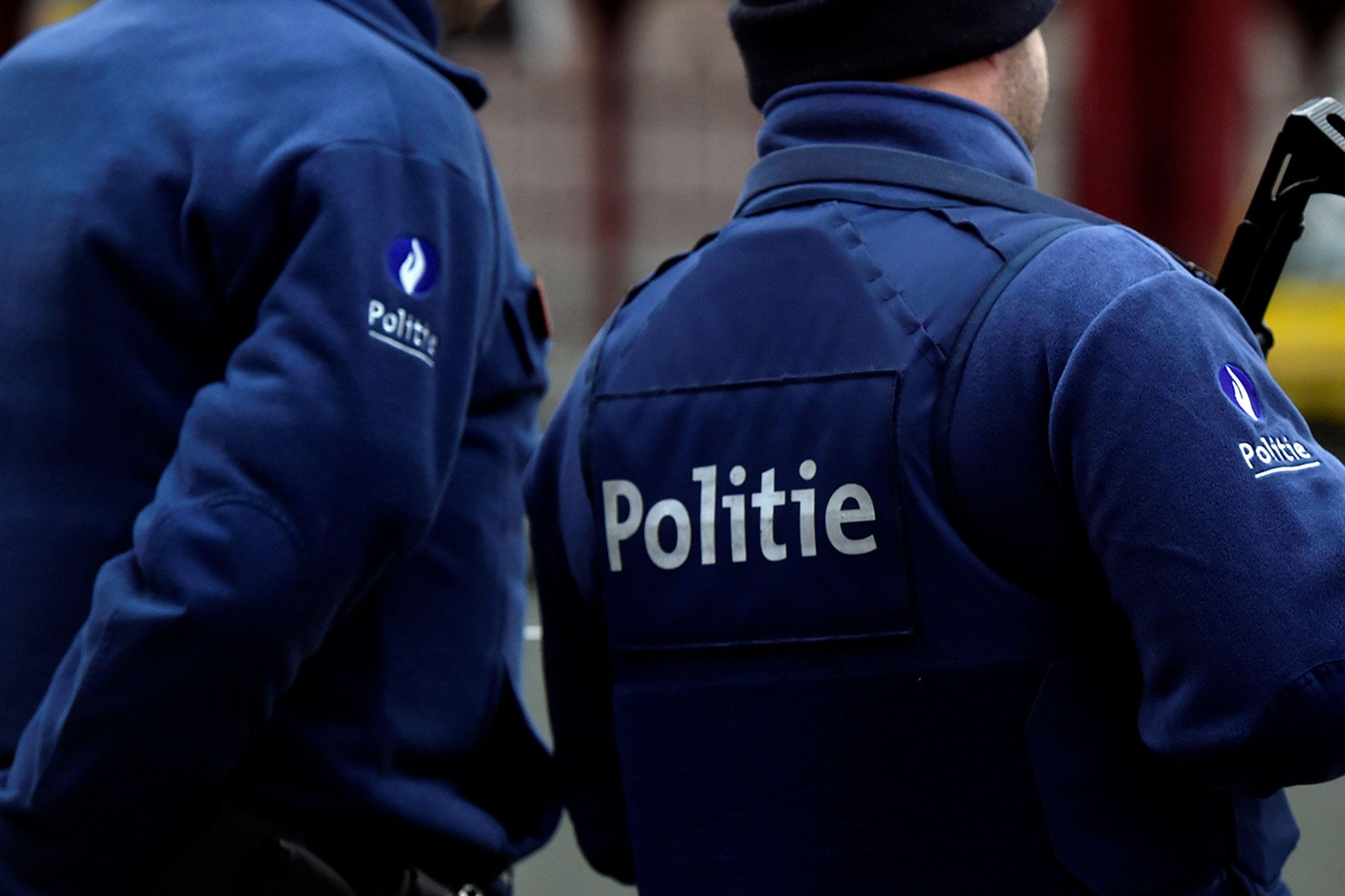 Belgian police officers patrol in the central station, in Antwerp